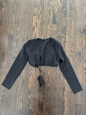 Zara Black Cropped Tie-Front Long Sleeve Top